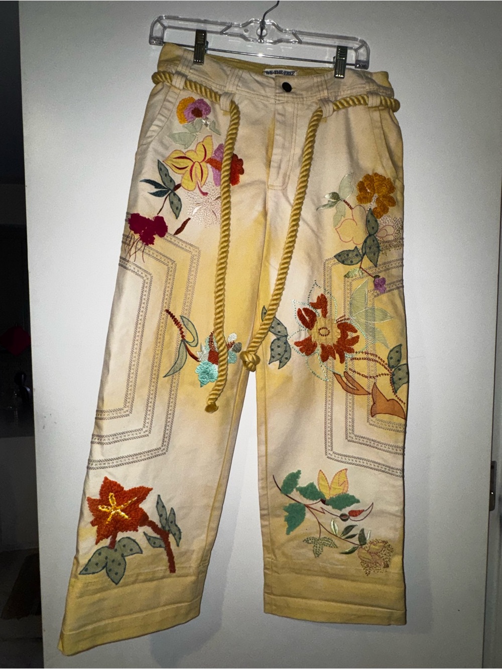 We The Free Electric Sands Floral Embroidered Pants with rope belt